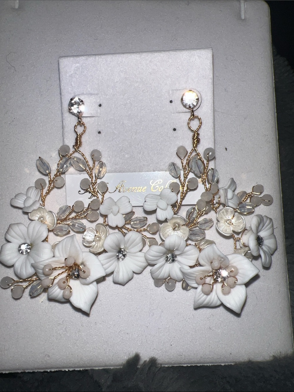 5th Avenue White Floral Crystal Drop Earrings with Gold Accents